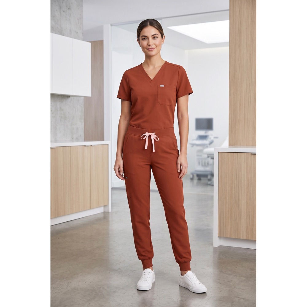 Figs Technical Collection Scrub Set Zamora Jogger Pants V-Neck Top Clay Rust M/L